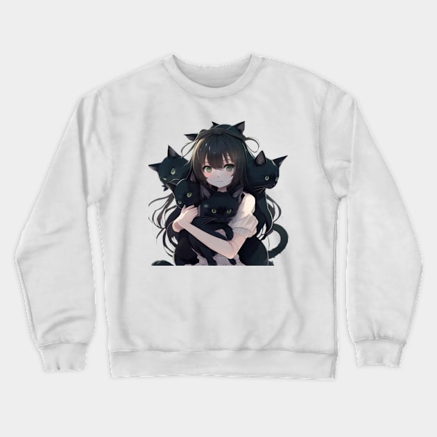 Anime Girl Hugging Many Black Cats Crewneck Sweatshirt by YuriArt